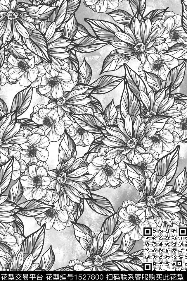 花卉女装灰色数码印花花型下载（图片编号: 1527800） - 瓦栏（Walan）