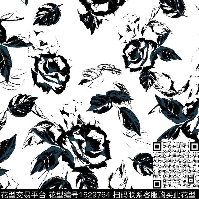 花卉手绘玫瑰数码印花花型下载（图片编号: 1529764） - 瓦栏（Walan）