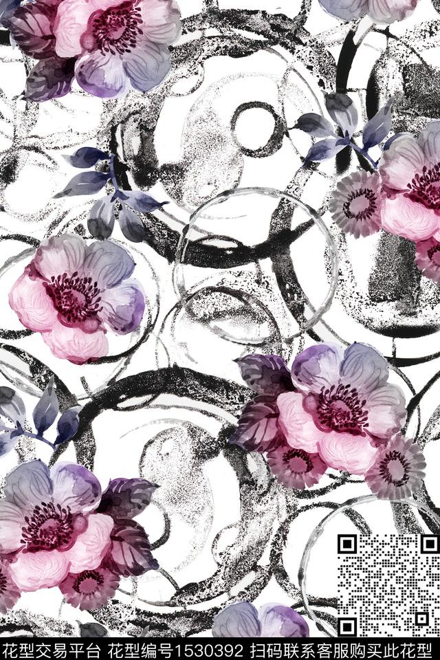 花卉复古几何数码印花花型下载（图片编号: 1530392） - 瓦栏（Walan）