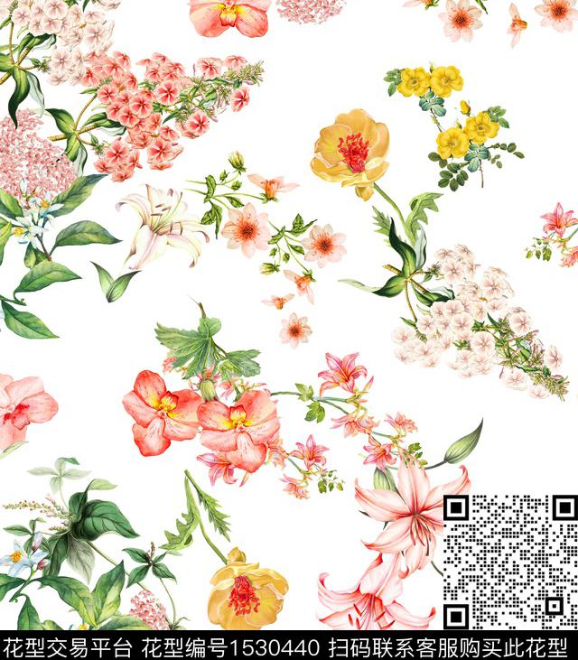 复古花卉白底花数码印花花型下载（图片编号: 1530440） - 瓦栏（Walan）