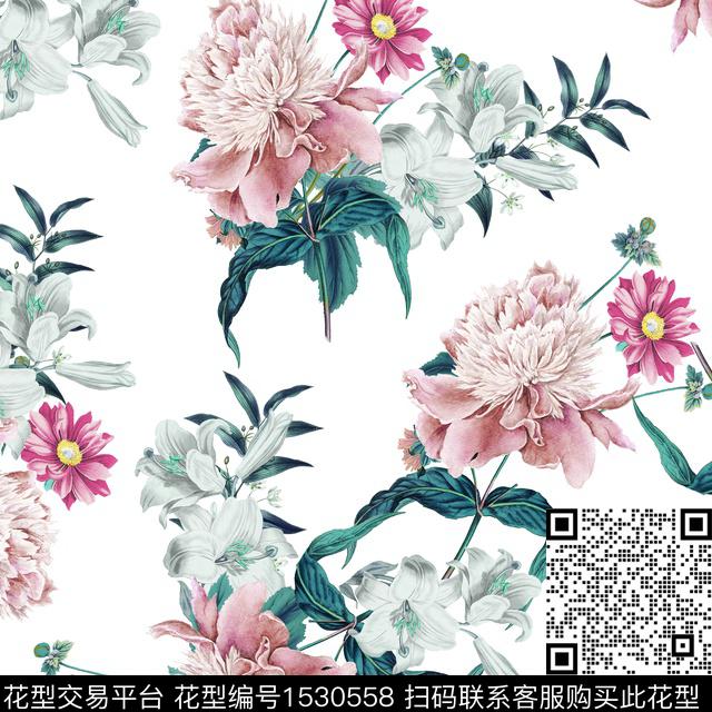 复古花卉白底花数码印花花型下载（图片编号: 1530558） - 瓦栏（Walan）