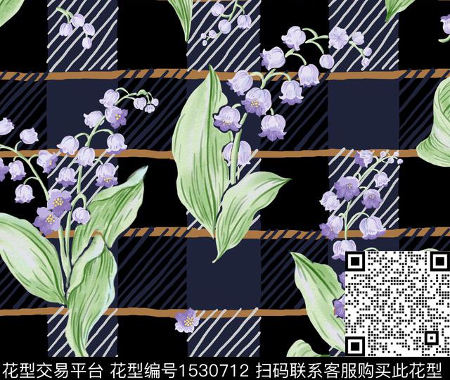 铃兰+条格.jpg - 1530712 - 几何花卉 笔触 水彩花卉 - 数码印花花型 － 女装花型设计 － 瓦栏