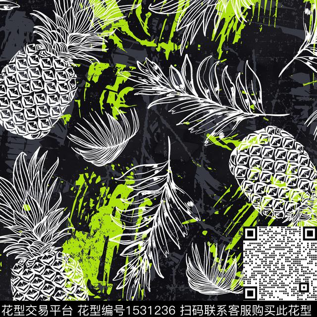 01024.jpg - 1531236 - 菠萝 数码花型 绿植树叶 - 数码印花花型 － 泳装花型设计 － 瓦栏