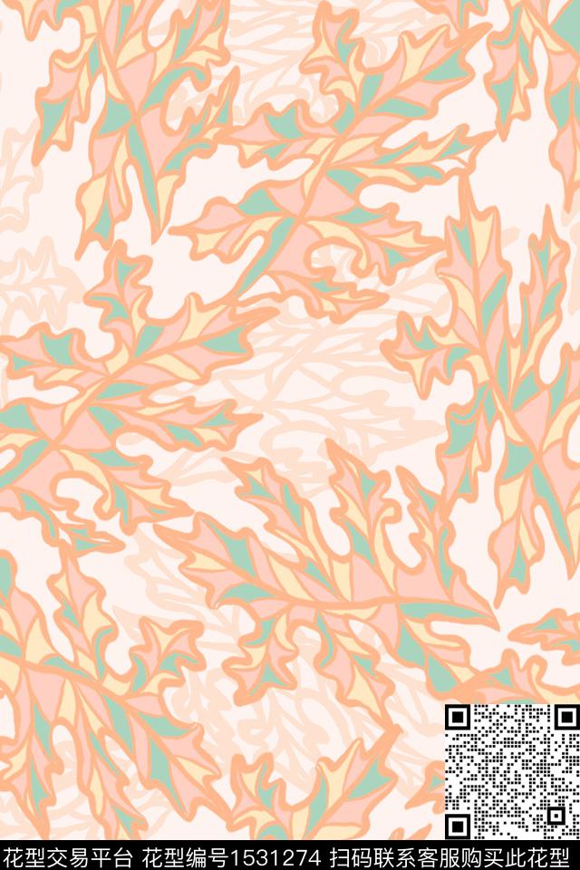 线条简约绿植树叶数码印花花型下载（图片编号: 1531274） - 瓦栏（Walan）