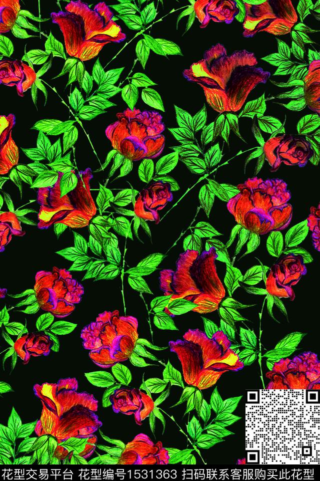 黑底花卉女装满版散花数码印花花型下载（图片编号: 1531363） - 瓦栏（Walan）