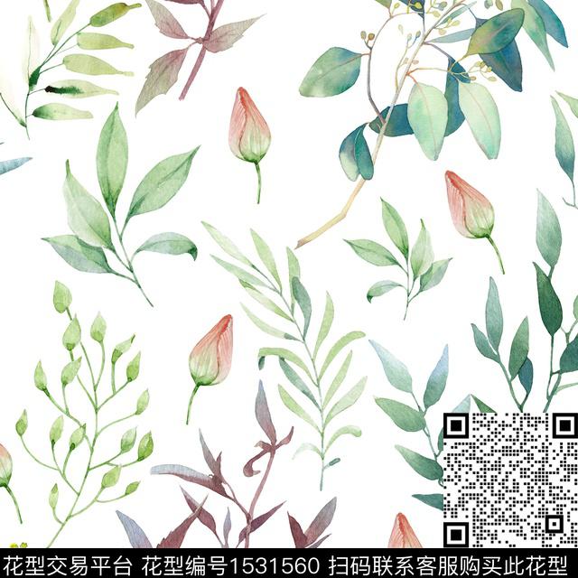 水彩树叶.jpg - 1531560 - 水彩 绿色 绿植树叶 - 数码印花花型 － 女装花型设计 － 瓦栏