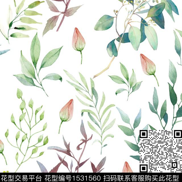 水彩绿色绿植树叶数码印花花型下载（图片编号: 1531560） - 瓦栏（Walan）
