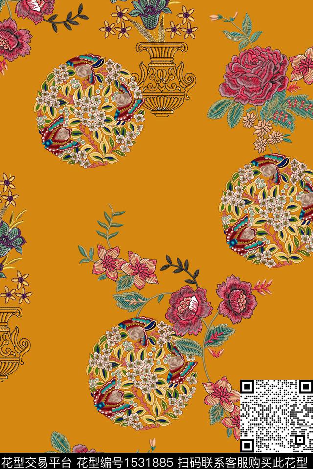 花卉香云纱中国风数码印花花型下载（图片编号: 1531885） - 瓦栏（Walan）
