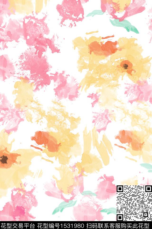 未标题-2.jpg - 1531980 - 水彩花卉 抽象 清爽底花卉 - 传统印花花型 － 女装花型设计 － 瓦栏