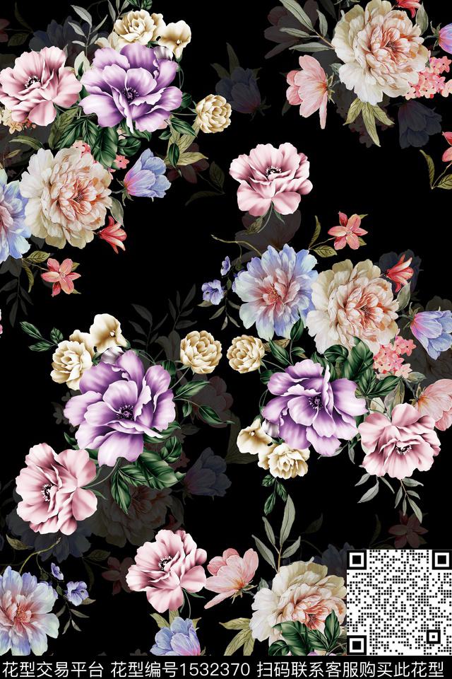 2302023.jpg - 1532370 - 黑底花卉 水彩花卉 绿植树叶 - 数码印花花型 － 女装花型设计 － 瓦栏