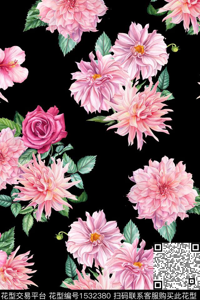 2302025.jpg - 1532380 - 黑底大花 水彩花卉 绿植树叶 - 数码印花花型 － 女装花型设计 － 瓦栏
