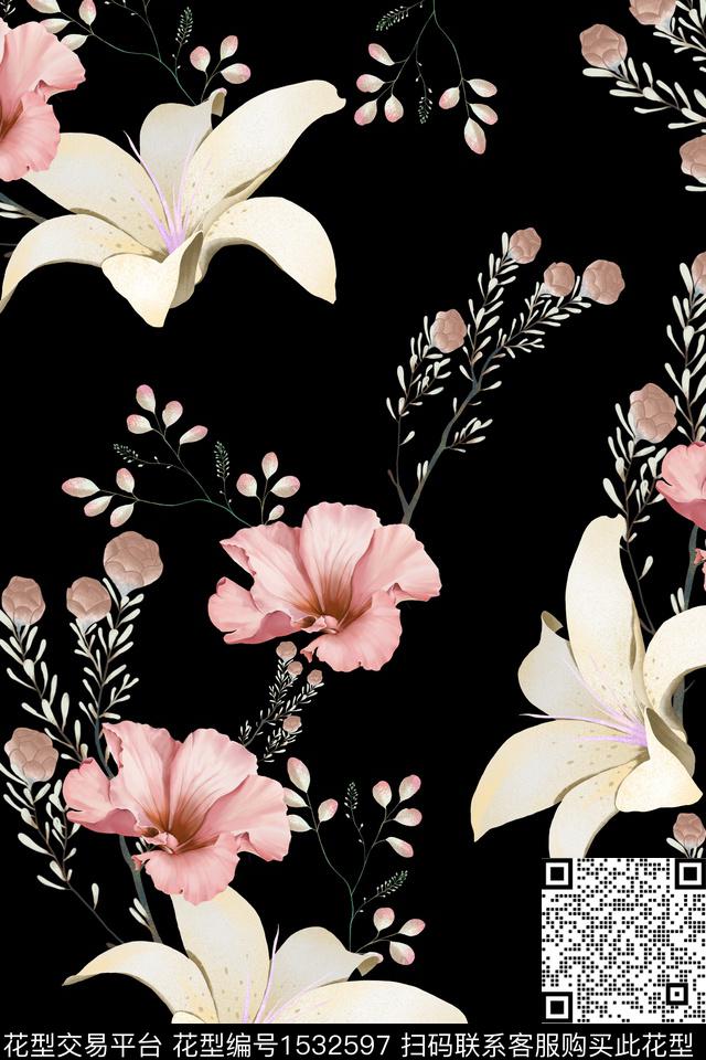 XZ4530.jpg - 1532597 - 黑底花卉 水彩 花卉 - 数码印花花型 － 女装花型设计 － 瓦栏
