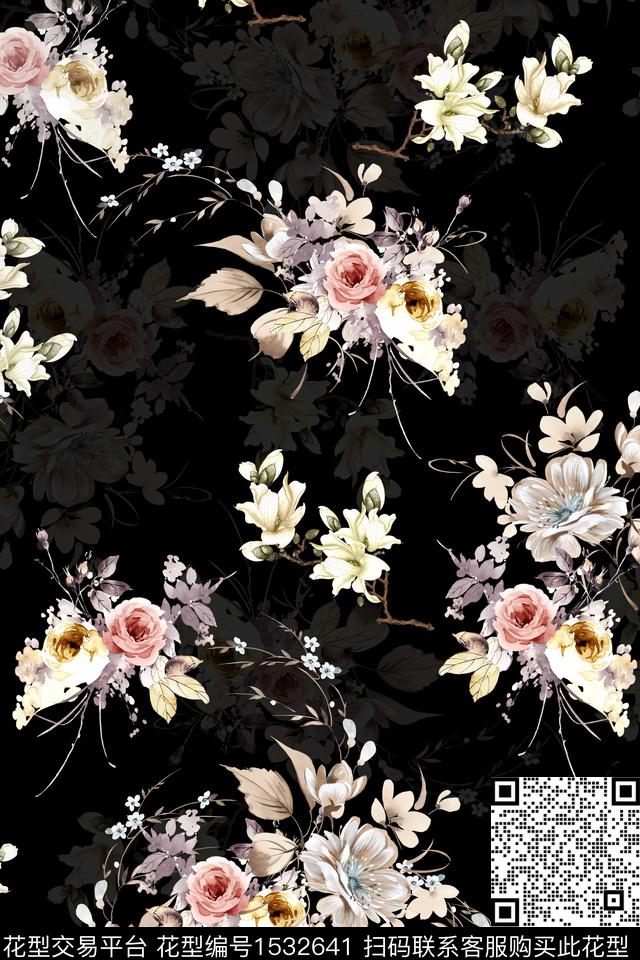 n1.jpg - 1532641 - 花卉 水彩 黑底花卉 - 数码印花花型 － 女装花型设计 － 瓦栏