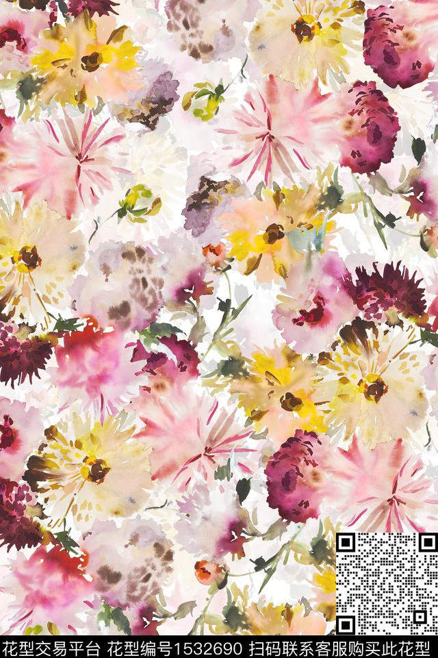 XZ4534.jpg - 1532690 - 水彩 满版 花卉 - 数码印花花型 － 女装花型设计 － 瓦栏