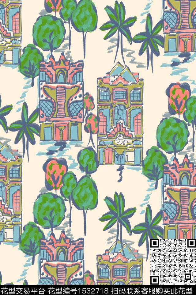 建筑风景景观女装数码印花花型下载（图片编号: 1532718） - 瓦栏（Walan）