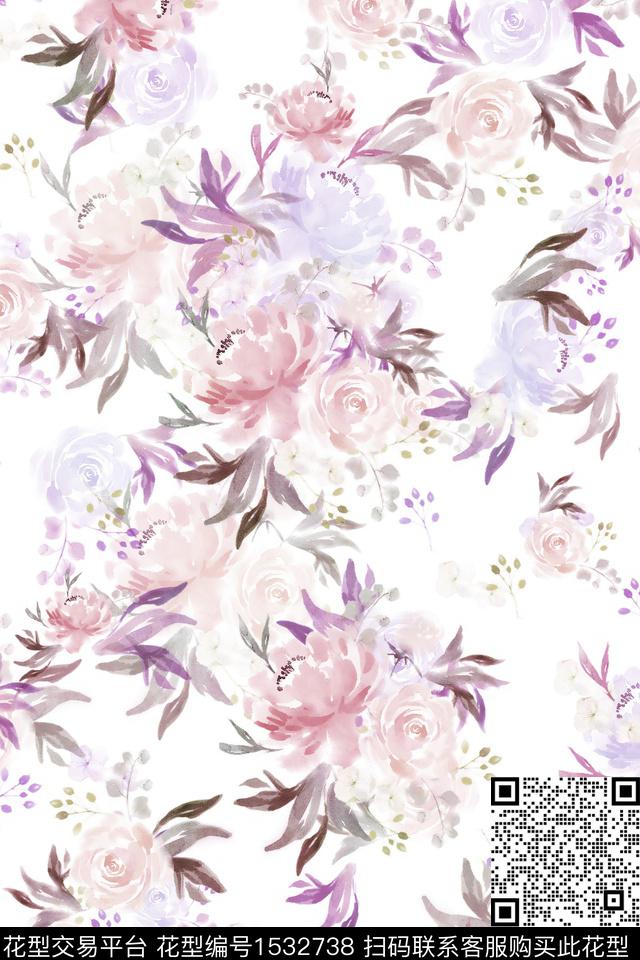 花卉水彩数码花型数码印花花型下载（图片编号: 1532738） - 瓦栏（Walan）