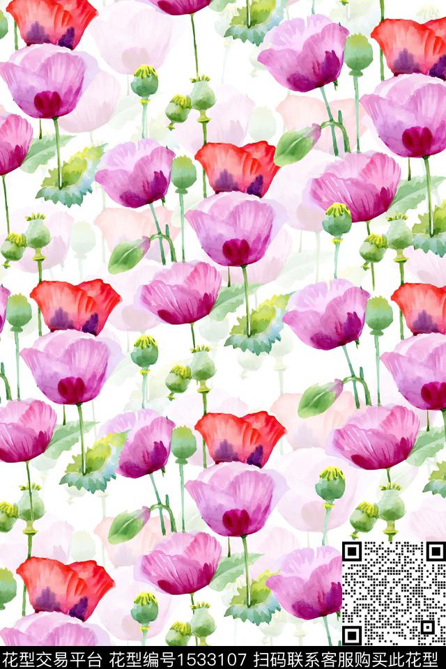 XZ4544.jpg - 1533107 - 数码花型 水彩 花卉 - 数码印花花型 － 女装花型设计 － 瓦栏