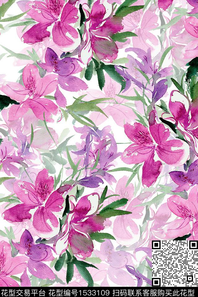 XZ4548.jpg - 1533109 - 数码花型 水彩 花卉 - 数码印花花型 － 女装花型设计 － 瓦栏