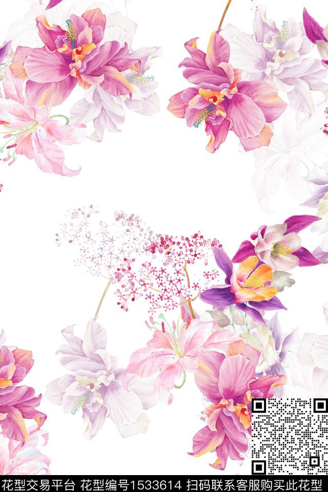 真丝春夏花型水彩花卉数码印花花型下载（图片编号: 1533614） - 瓦栏（Walan）