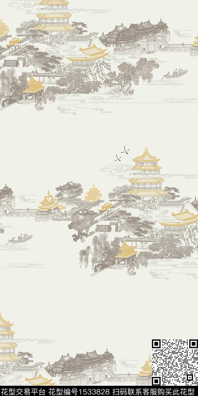 线条阁楼中国风数码印花花型下载（图片编号: 1533828） - 瓦栏（Walan）