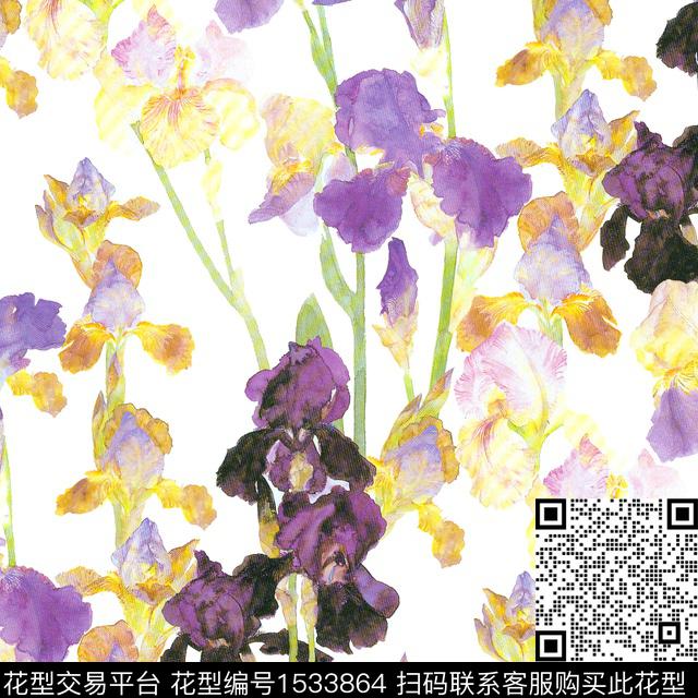 鸢尾花水彩花卉清爽底花卉数码印花花型下载（图片编号: 1533864） - 瓦栏（Walan）