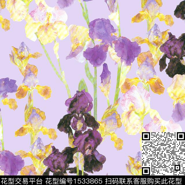 鸢尾花水彩花卉清爽底花卉数码印花花型下载（图片编号: 1533865） - 瓦栏（Walan）