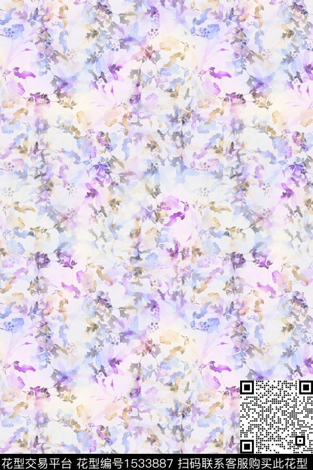 抽象花卉水彩数码印花花型下载（图片编号: 1533887） - 瓦栏（Walan）