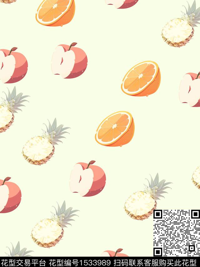 水果01.jpg - 1533989 - 菠萝 水果 苹果 - 数码印花花型 － 女装花型设计 － 瓦栏