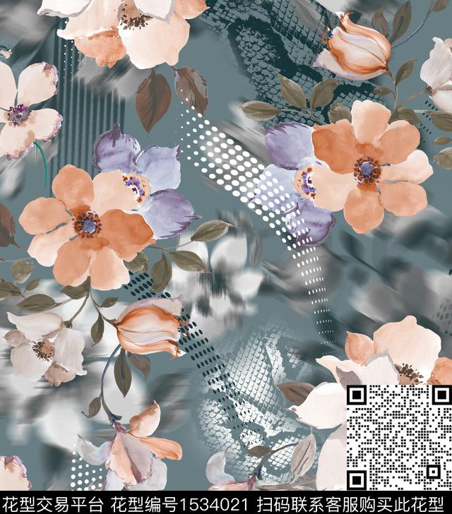 水彩花卉花卉几何元素数码印花花型下载（图片编号: 1534021） - 瓦栏（Walan）