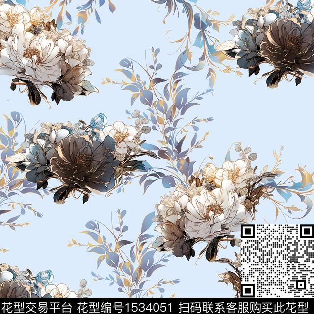 蓝底藤黑白花.jpg - 1534051 - 植物 数码花型 花卉 - 数码印花花型 － 女装花型设计 － 瓦栏
