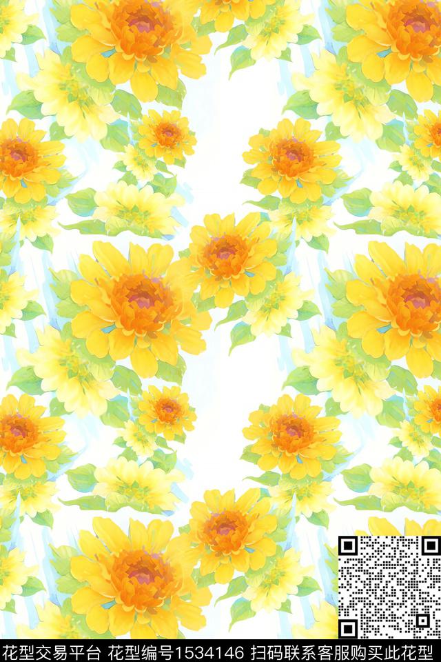 灿烂的手绘向日葵图案.jpg - 1534146 - 手绘 向日葵 花卉 - 数码印花花型 － 女装花型设计 － 瓦栏