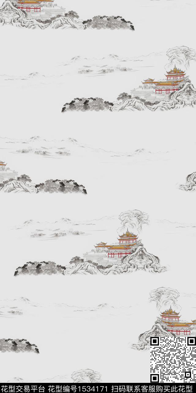 山水国风.jpg - 1534171 - 中国 国画 水墨风 - 数码印花花型 － 女装花型设计 － 瓦栏