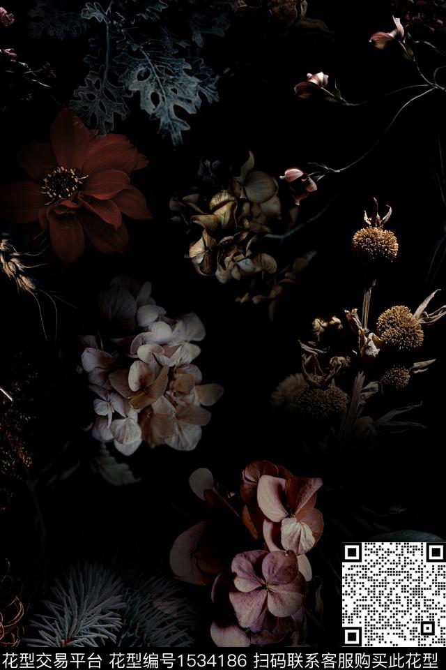 花卉朦胧花卉黑底花卉数码印花花型下载（图片编号: 1534186） - 瓦栏（Walan）