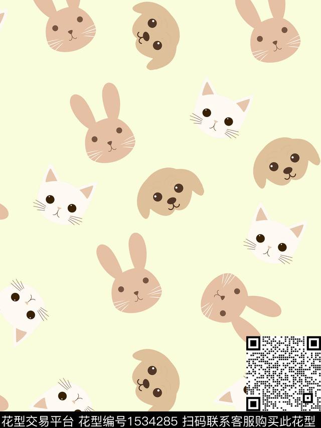 猫狗兔黄背.jpg - 1534285 - 卡通动物 猫 狗 - 数码印花花型 － 童装花型设计 － 瓦栏