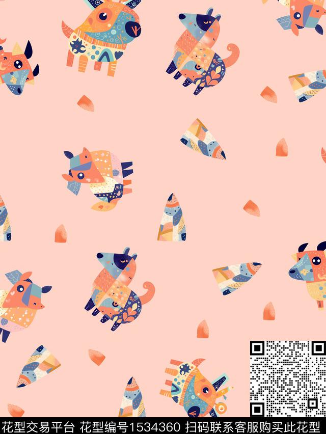 橙底抽象动物.jpg - 1534360 - 抽象 卡通动物 几何 - 数码印花花型 － 女装花型设计 － 瓦栏