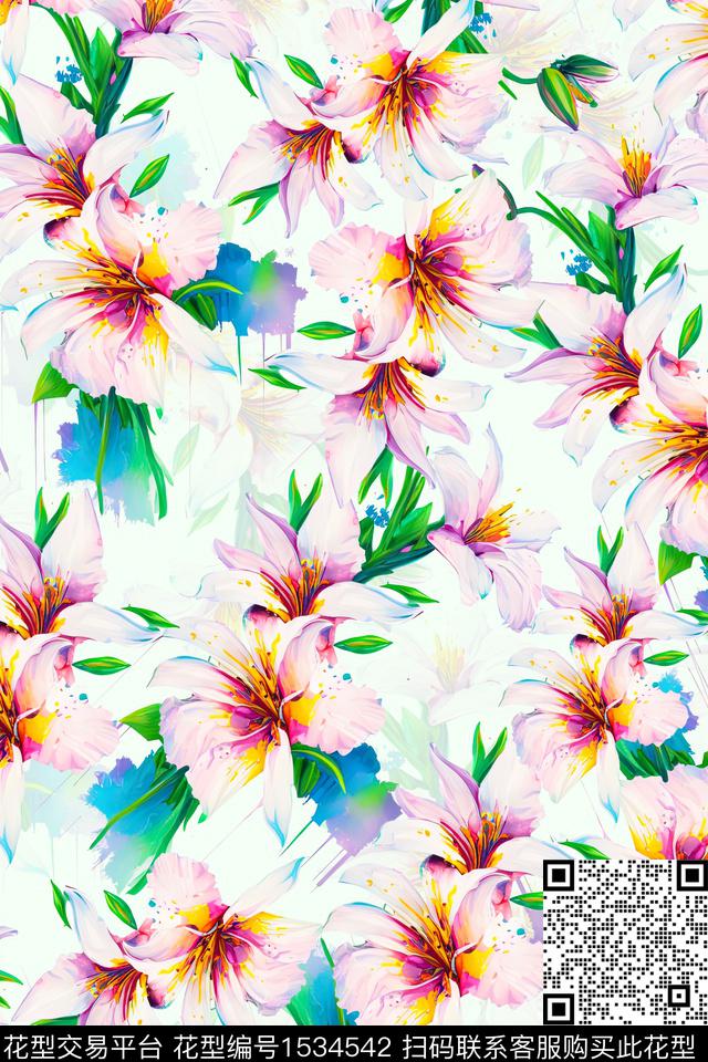QG202301#.jpg - 1534542 - 百合 满版散花 手绘花卉 - 数码印花花型 － 女装花型设计 － 瓦栏