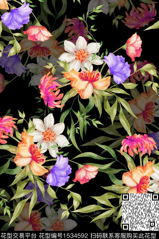 花卉黑底花卉水彩数码印花花型下载（图片编号: 1534592） - 瓦栏（Walan）