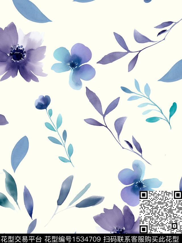 水墨叶花.jpg - 1534709 - 花卉 数码花型 水彩 - 数码印花花型 － 女装花型设计 － 瓦栏