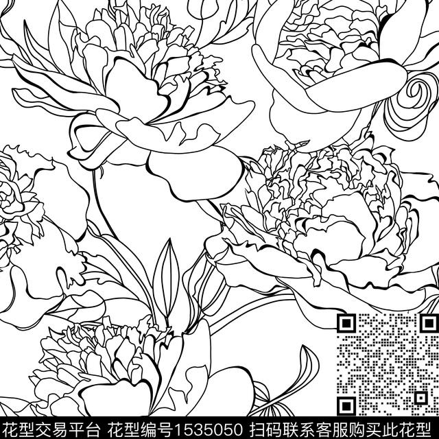 230412方巾.jpg - 1535050 - 黑白花型 线条花 花卉 - 传统印花花型 － 方巾花型设计 － 瓦栏