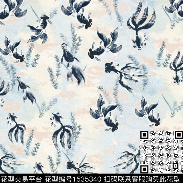 中国风金鱼方巾数码印花花型下载（图片编号: 1535340） - 瓦栏（Walan）