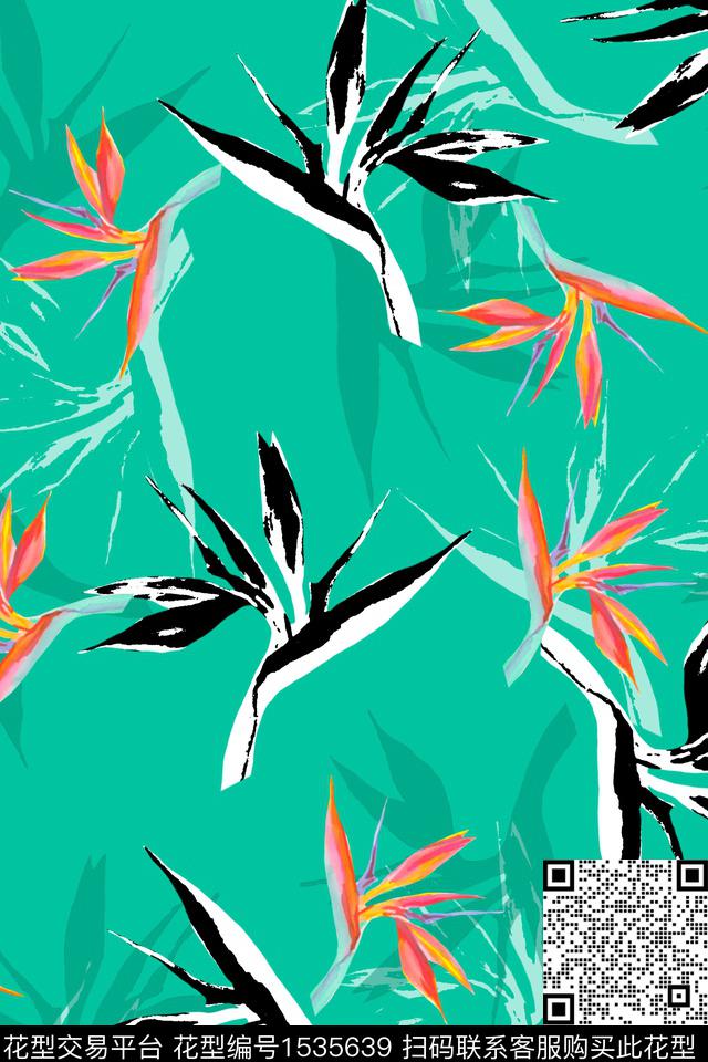 绿植树叶天堂鸟年轻女性数码印花花型下载（图片编号: 1535639） - 瓦栏（Walan）