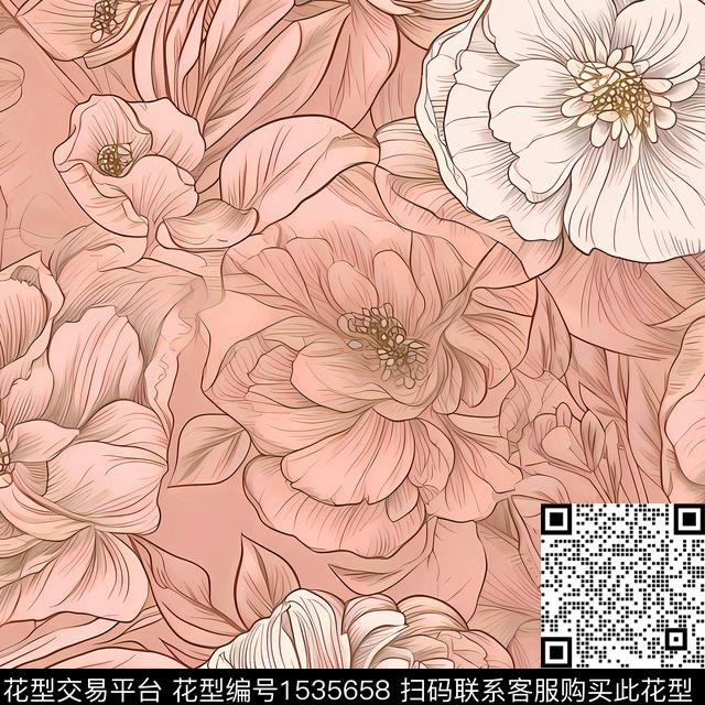 线条花大花花卉数码印花花型下载（图片编号: 1535658） - 瓦栏（Walan）