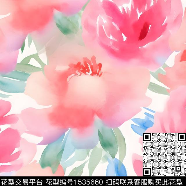 大花水彩花卉数码印花花型下载（图片编号: 1535660） - 瓦栏（Walan）