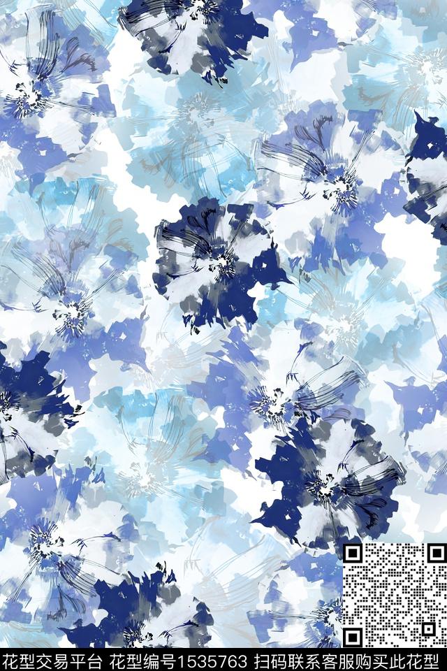 水彩抽象花卉数码印花花型下载（图片编号: 1535763） - 瓦栏（Walan）