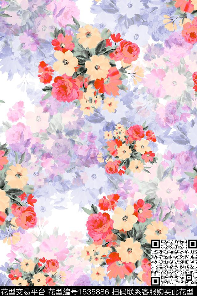 花卉水彩油画数码印花花型下载（图片编号: 1535886） - 瓦栏（Walan）
