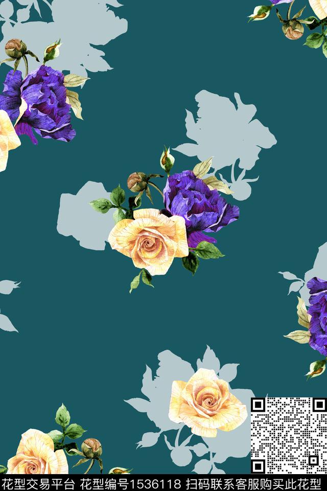 花卉水彩影花数码印花花型下载（图片编号: 1536118） - 瓦栏（Walan）