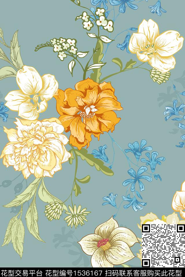 植物大花花卉传统印花花型下载（图片编号: 1536167） - 瓦栏（Walan）