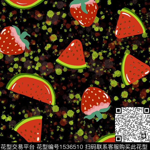 西瓜草莓四方连续图.jpg - 1536510 - 水果 西瓜 草莓 - 数码印花花型 － 女装花型设计 － 瓦栏