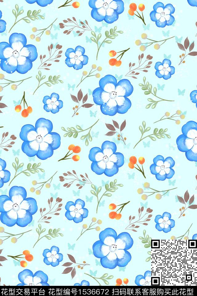 蓝色小碎花印花图案.jpg - 1536672 - 女装 手绘 手绘花卉 - 传统印花花型 － 女装花型设计 － 瓦栏