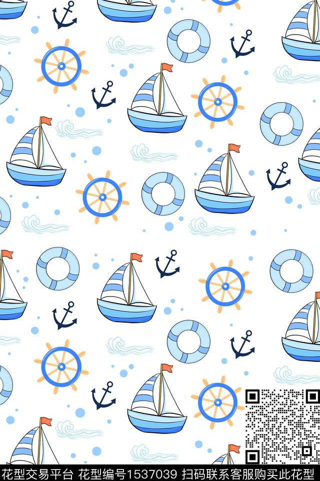 卡通帆船印花图案.jpg - 1537039 - 卡通 可爱 童装 - 传统印花花型 － 童装花型设计 － 瓦栏